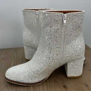 Razzle Dazzle White Glitter Ankle Boots Womens Size 8 Block Heel Zip Up Sparkly